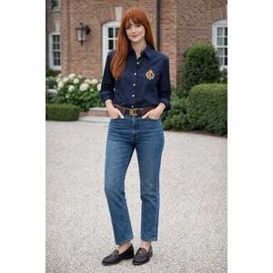 Lauren Ralph Lauren Women's Sz 6 Navy Blue Cotton Blouse Crest Logo Preppy VTG